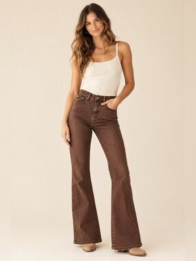 Q2 Denim Cocoa Brown High Rise Bootcut Jeans EU 44L Stretch Western Boho Chic